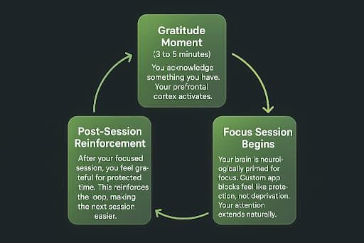 Cycle of how gratitude boosts focus: gratitude moment, focus session begins, and post-session reinforcement.